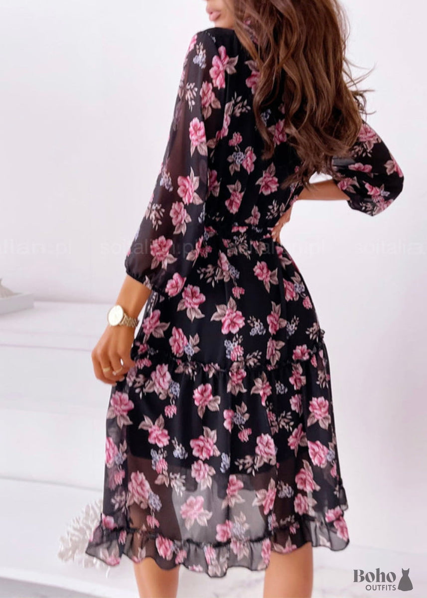 strapless open back dress Black dress with pink flowers