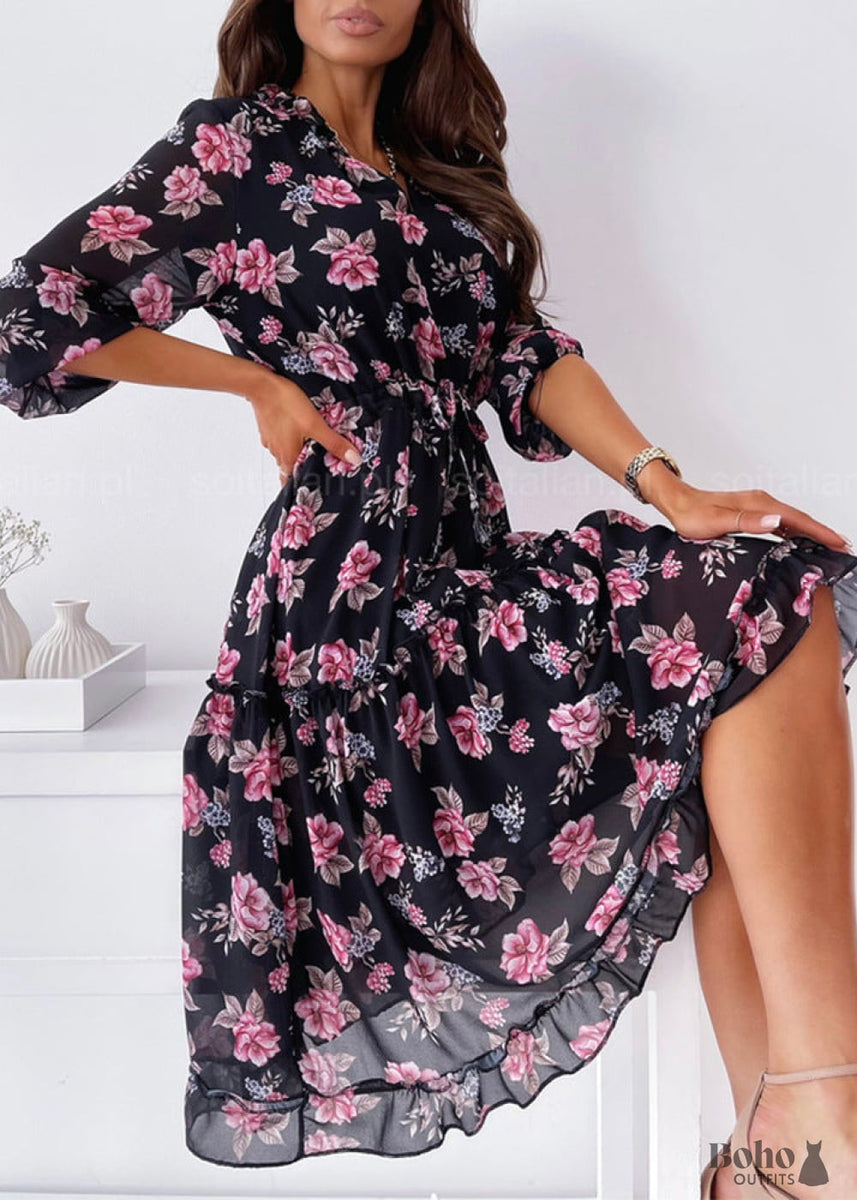 Black dress with pink flowers - Boho Dress Official Black dress with pink flowers - Boho Dress Official
