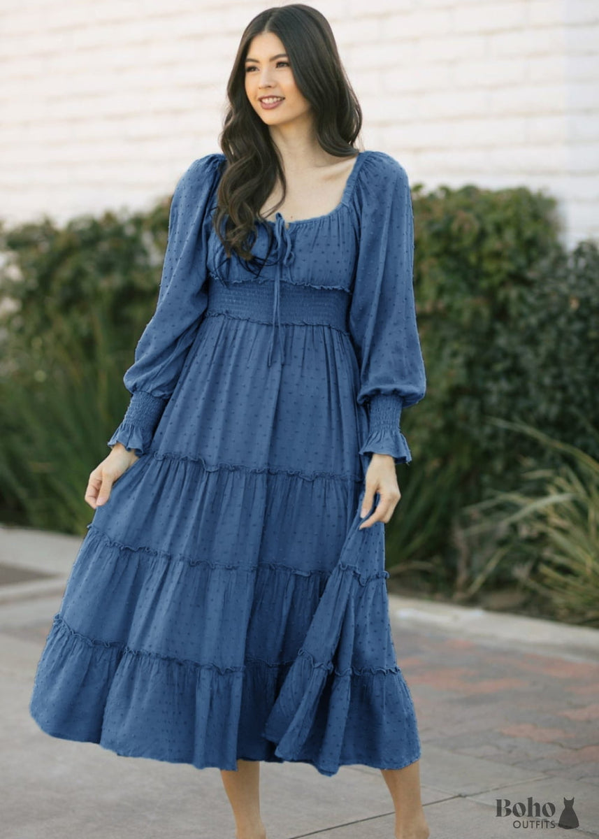 Blue Boho Midi Dress with Sleeves - Boho Dress Official Blue Boho Midi Dress with Sleeves - Boho Dress Official
