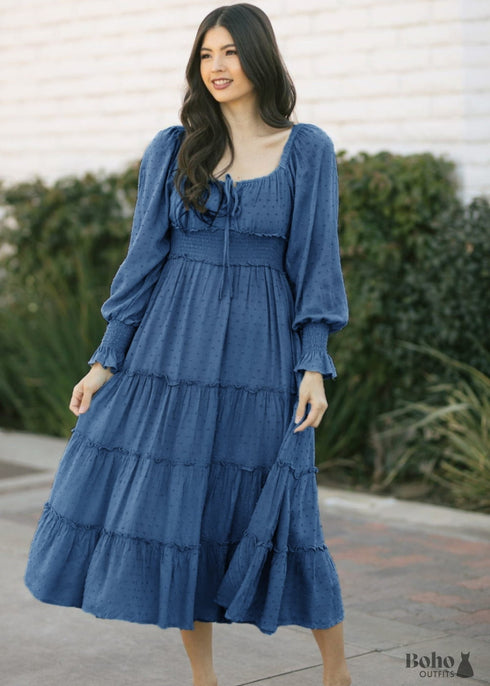 Vestido midi bohemio azul con mangas