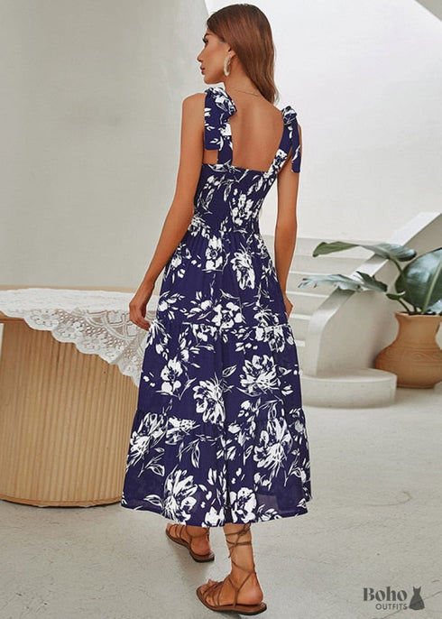 Vestido largo bohemio playero con estampado floral azul chic color hiedra