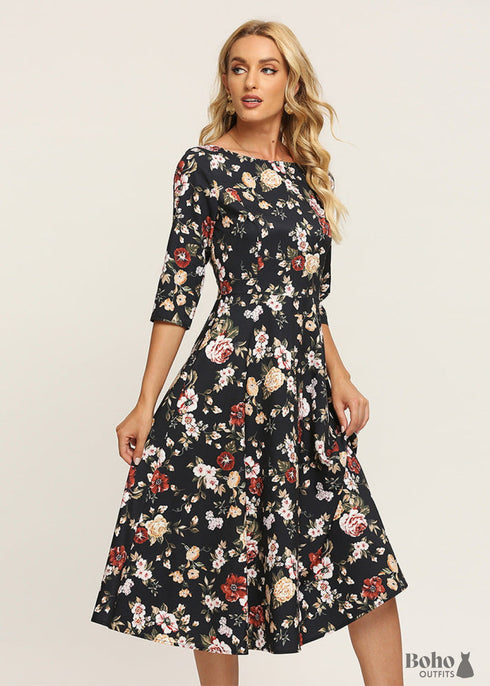 Vestido bohemio floral negro otoñal
