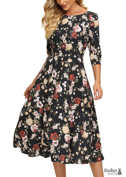 Vestido bohemio floral negro otoñal