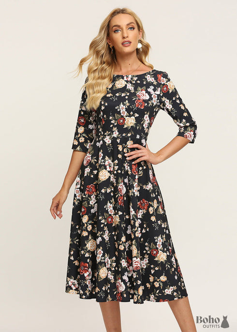Vestido bohemio floral negro otoñal