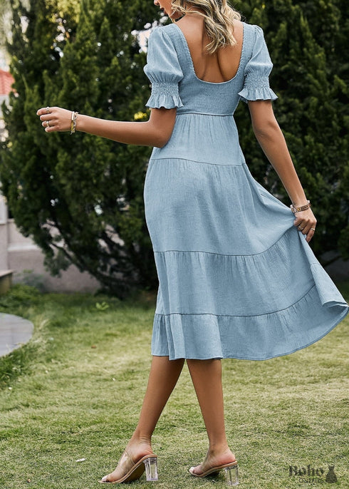 Boho Backless Puff Sleeves Midi Dress