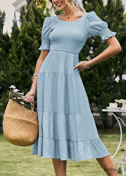 Boho Backless Puff Sleeves Midi Dress