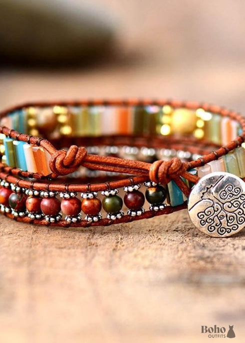Pulsera Boho de Cuero de 2 Capas con Piedra Cristal Marrón