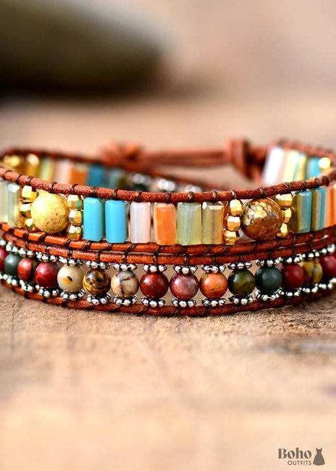 Pulsera Boho de Cuero de 2 Capas con Piedra Cristal Marrón