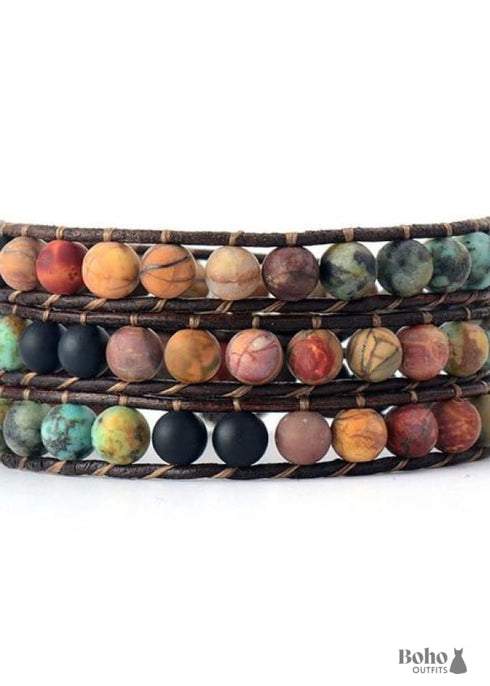 Boho Bracelet, 3 Layers Leather Wrap Bracelet, 6 mm Stones