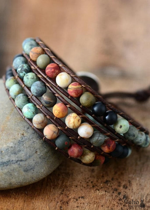 Boho Bracelet, 3 Layers Leather Wrap Bracelet, 6 mm Stones