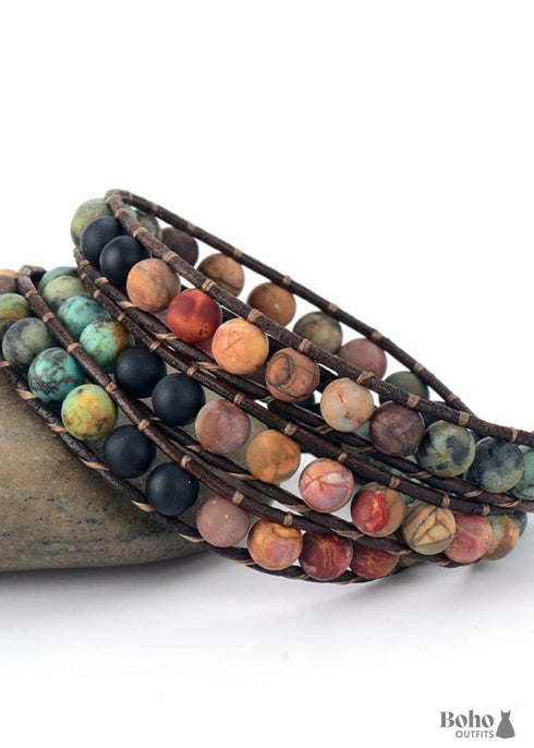 Boho Bracelet, 3 Layers Leather Wrap Bracelet, 6 mm Stones