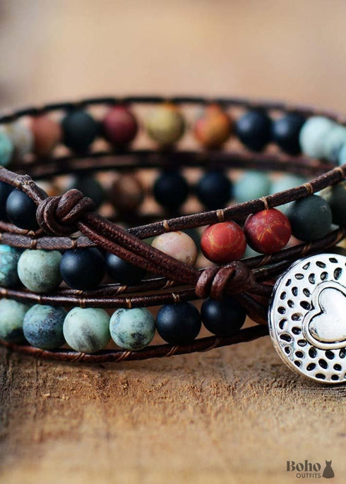 Boho Bracelet, 3 Layers Leather Wrap Bracelet, 6 mm Stones