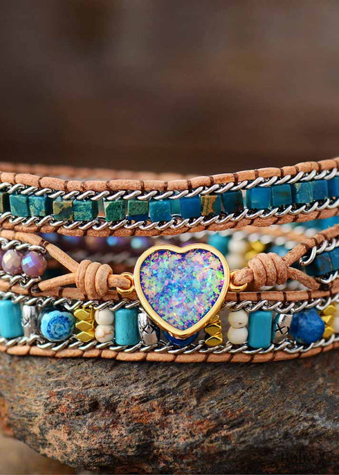 Pulsera Boho, Pulsera de Cuero de 3 Capas, Corazón de Ágata Jaspe
