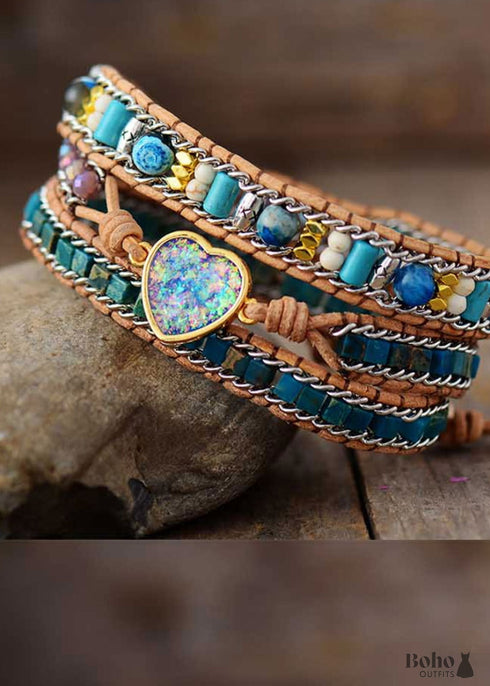 Pulsera Boho, Pulsera de Cuero de 3 Capas, Corazón de Ágata Jaspe