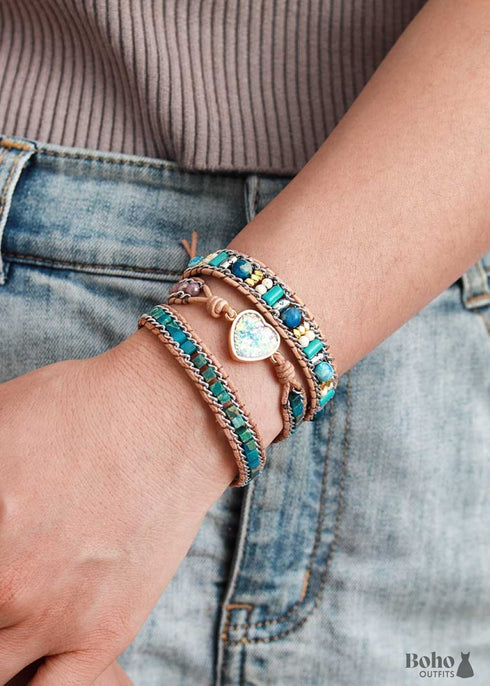 Pulsera Boho, Pulsera de Cuero de 3 Capas, Corazón de Ágata Jaspe