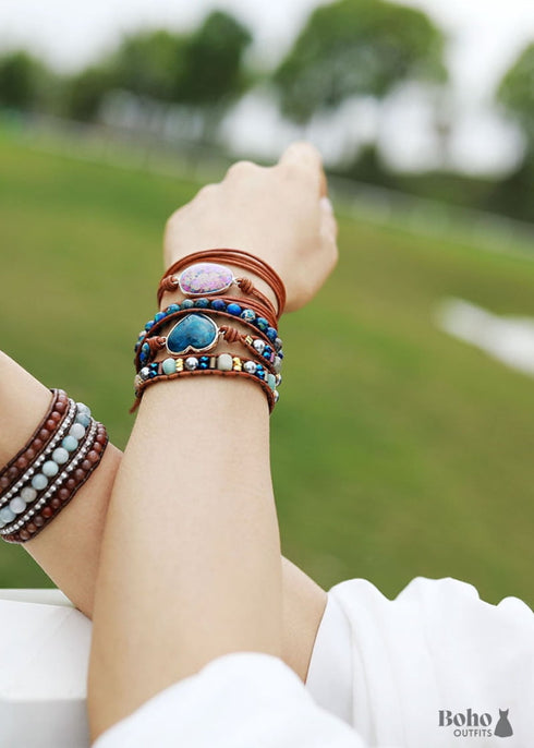 Pulsera Boho de Cuero de 3 Capas con Corazón de Jaspe y Apatita
