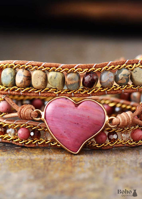 Boho Bracelet, 3 Layers Leather Wrap Bracelet, Jasper Rhodonite Heart