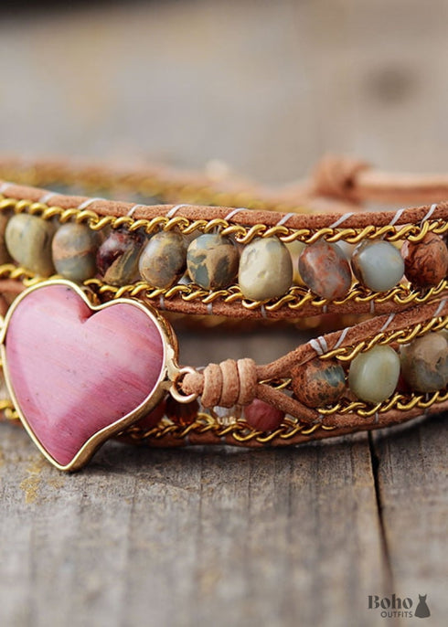 Boho Bracelet, 3 Layers Leather Wrap Bracelet, Jasper Rhodonite Heart