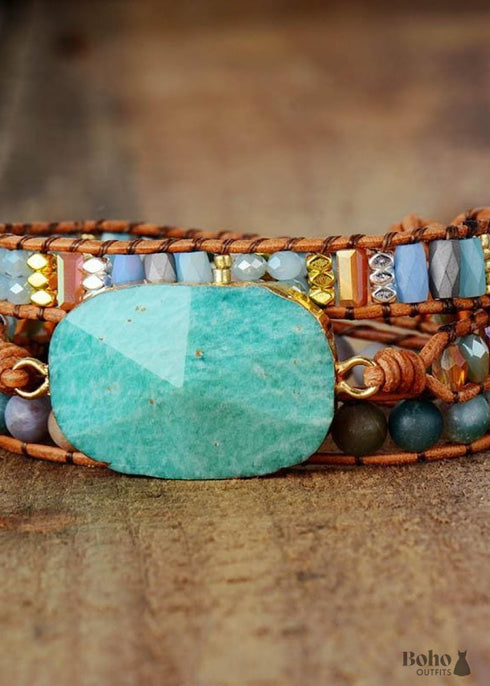 Pulsera Boho de Cuero de 3 Capas con Piedra Azul Natural