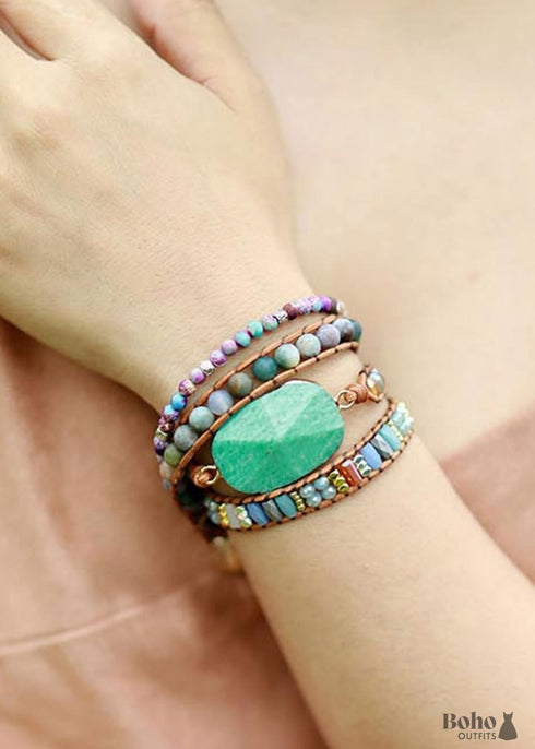 Pulsera Boho de Cuero de 3 Capas con Piedra Azul Natural