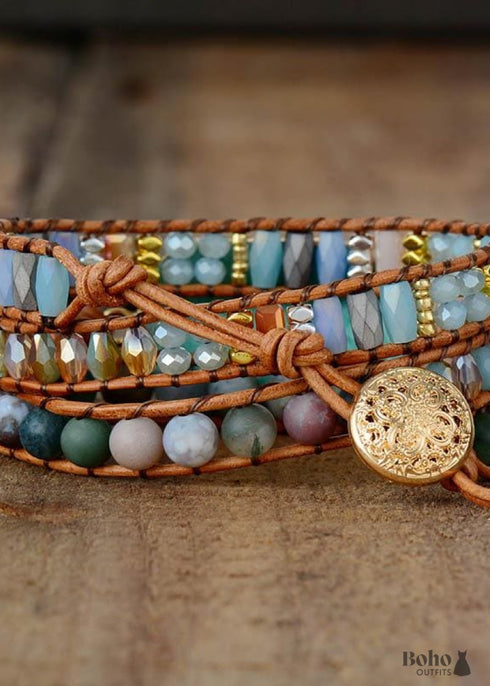 Pulsera Boho de Cuero de 3 Capas con Piedra Azul Natural