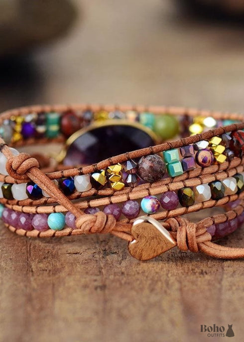 Boho Bracelet, 3 Layers Leather Wrap Bracelet, Natural Stone Purple Amethysts