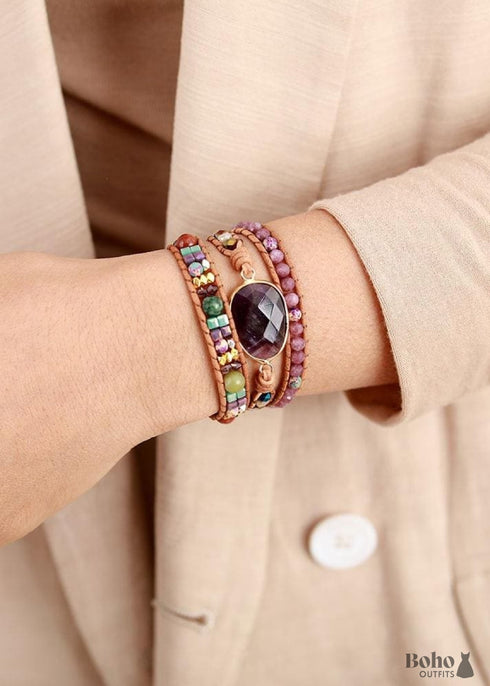 Boho Bracelet, 3 Layers Leather Wrap Bracelet, Natural Stone Purple Amethysts