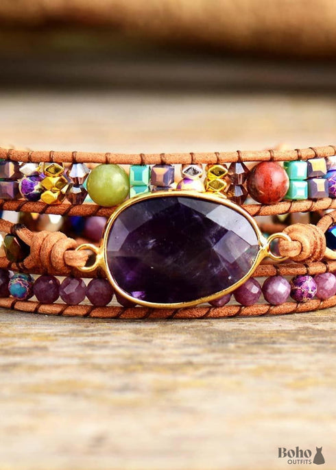 Boho Bracelet, 3 Layers Leather Wrap Bracelet, Natural Stone Purple Amethysts
