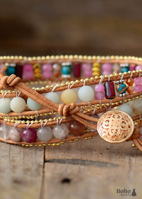 Boho Bracelet, 3 Layers Leather Wrap Bracelet, Tourmaline Rose Heart