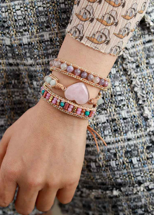 Boho Bracelet, 3 Layers Leather Wrap Bracelet, Tourmaline Rose Heart