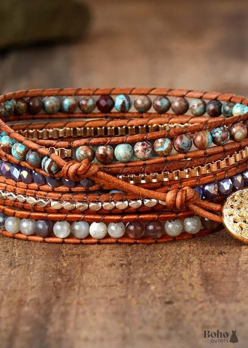 Pulsera Boho de Cuero de 4 Capas con Ónix Negro