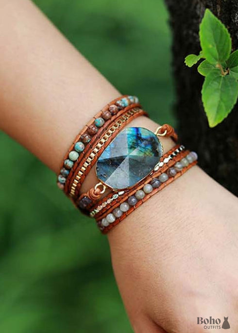 Pulsera Boho de Cuero de 4 Capas con Ónix Negro