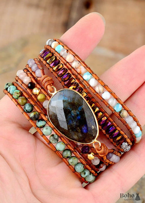 Pulsera Boho de 5 capas de cuero, ónix negro