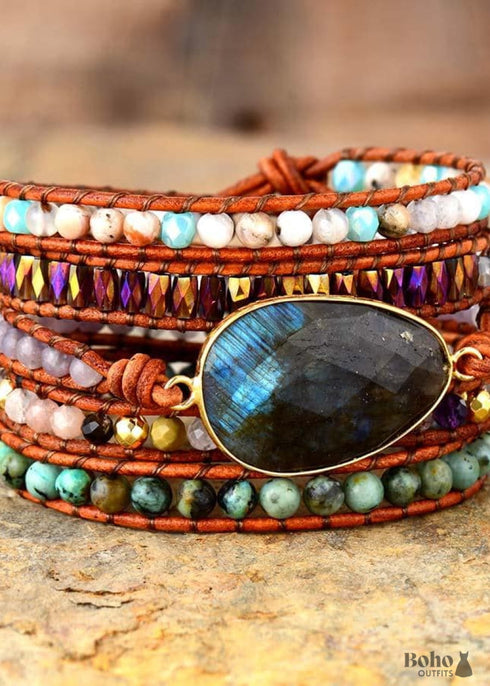 Pulsera Boho de 5 capas de cuero, ónix negro