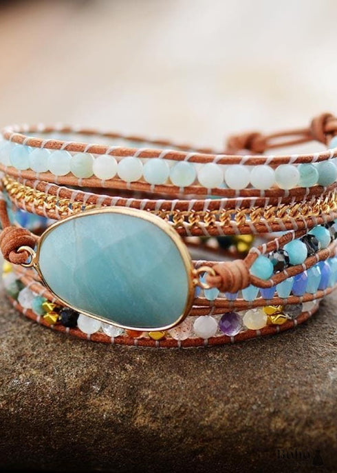 Boho Bracelet, 5 Layers Leather Wrap Bracelet, Handmade Natural Blue Stone Crystal