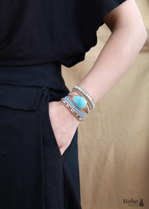 Boho Bracelet, 5 Layers Leather Wrap Bracelet, Handmade Natural Blue Stone Crystal