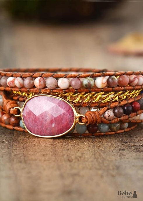 Boho Bracelet, 5 Layers Leather Wrap Bracelet, Pink Rhodonite