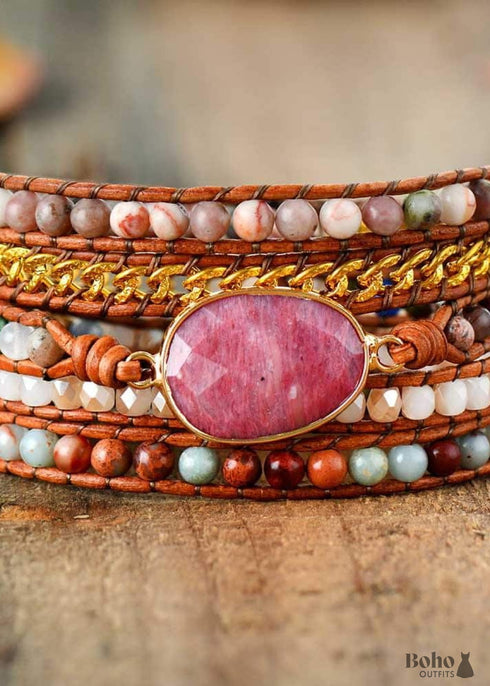 Boho Bracelet, 5 Layers Leather Wrap Bracelet, Pink Rhodonite