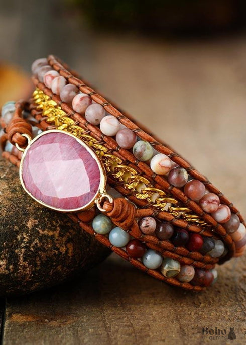 Boho Bracelet, 5 Layers Leather Wrap Bracelet, Pink Rhodonite