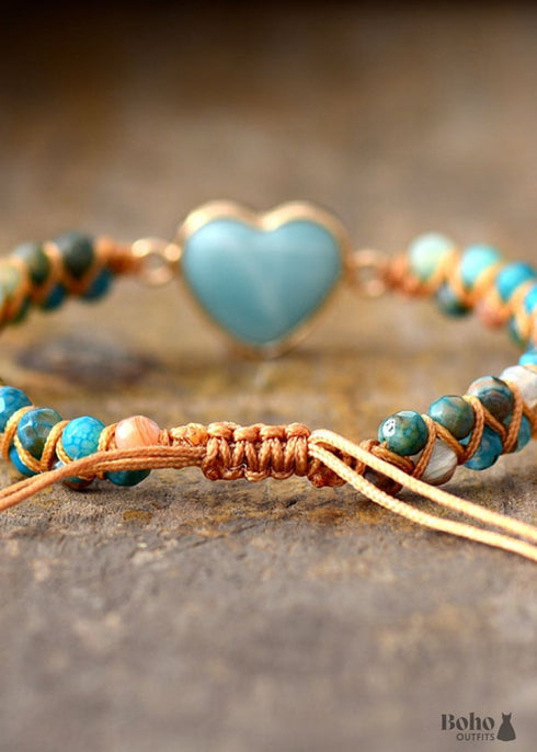 Pulsera Boho, Pulsera de la Amistad, Pulsera de Macramé, Amazonita Corazón Azul