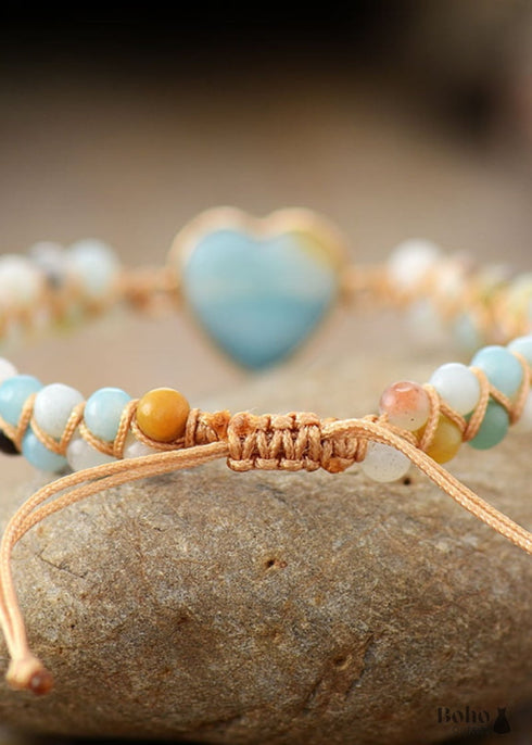 Pulsera Boho, Pulsera de la Amistad, Pulsera de Macramé, Amazonita Corazón Azul