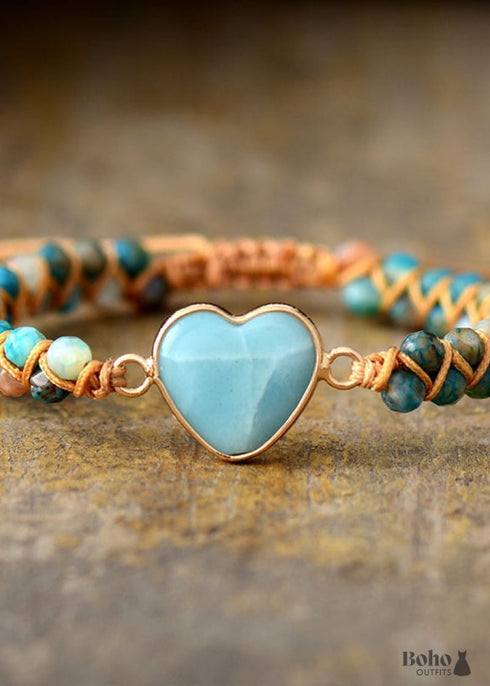 Pulsera Boho, Pulsera de la Amistad, Pulsera de Macramé, Amazonita Corazón Azul