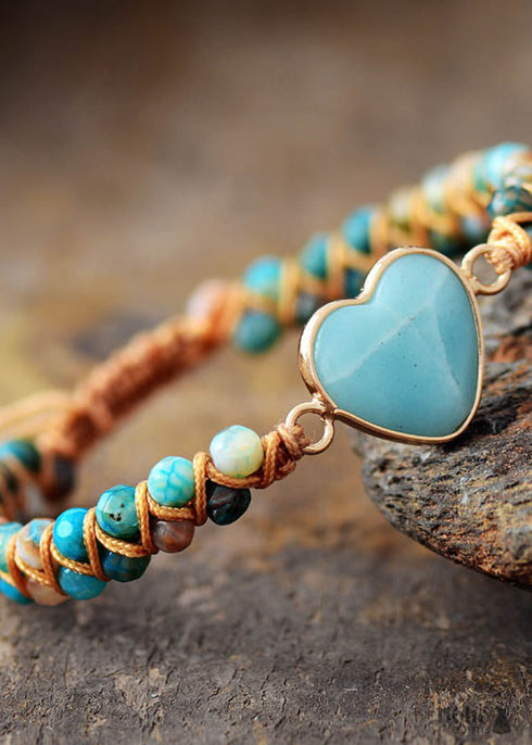 Pulsera Boho, Pulsera de la Amistad, Pulsera de Macramé, Amazonita Corazón Azul