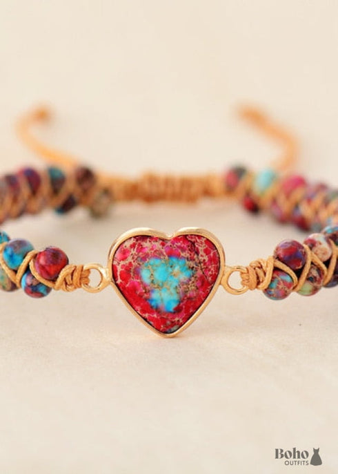 Pulsera Boho, Pulsera de la Amistad, Pulsera de Macramé, Jaspers de Corazón Rojo
