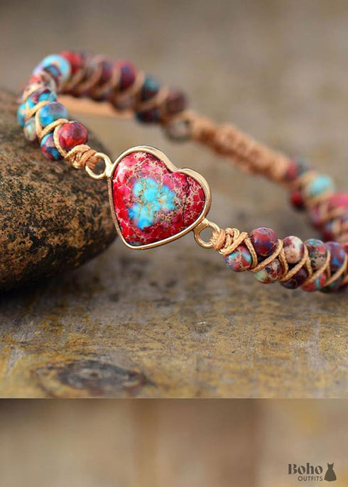 Pulsera Boho, Pulsera de la Amistad, Pulsera de Macramé, Jaspers de Corazón Rojo