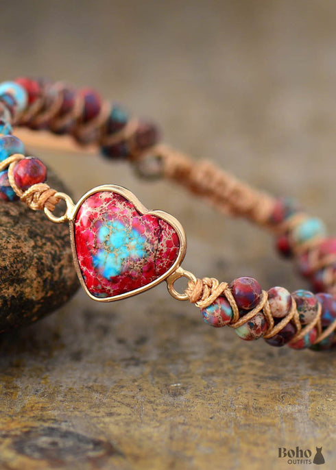 Pulsera Boho, Pulsera de la Amistad, Pulsera de Macramé, Jaspers de Corazón Rojo