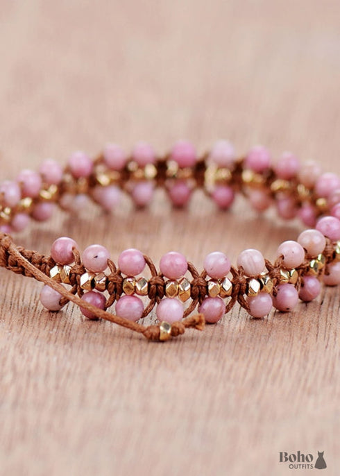Pulsera Boho, Pulsera de la Amistad, Rodonita Rosa y Amazonita Azul