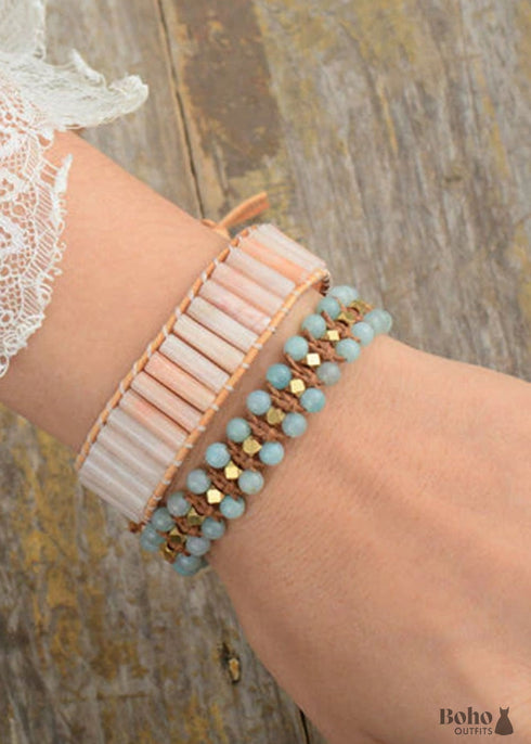 Pulsera Boho, Pulsera de la Amistad, Rodonita Rosa y Amazonita Azul