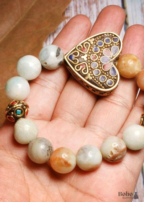 Pulsera Boho, Corazón Ético de Amazonita Verde