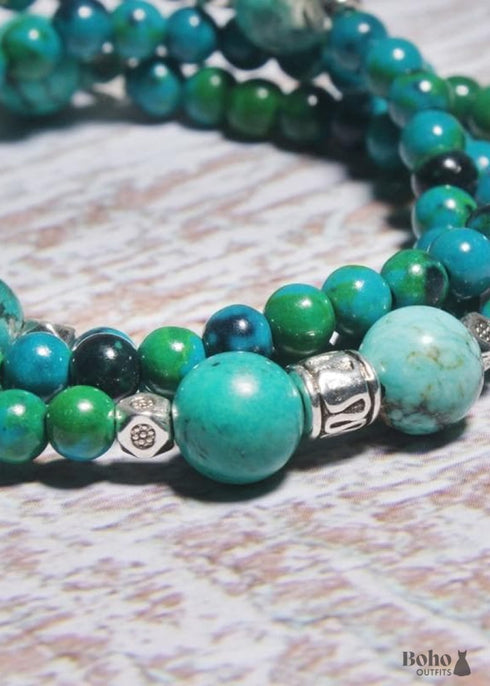 Pulsera Boho, Capas, Mala Azul Turquesa, Mantra Rojo, Loto